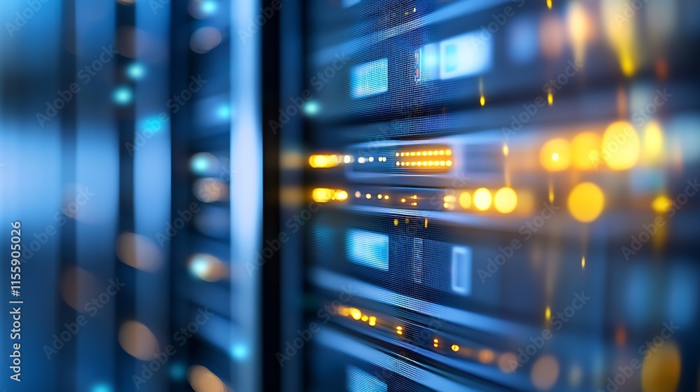 Fototapete abstract data center with technological network and blurred server lights : generative ai