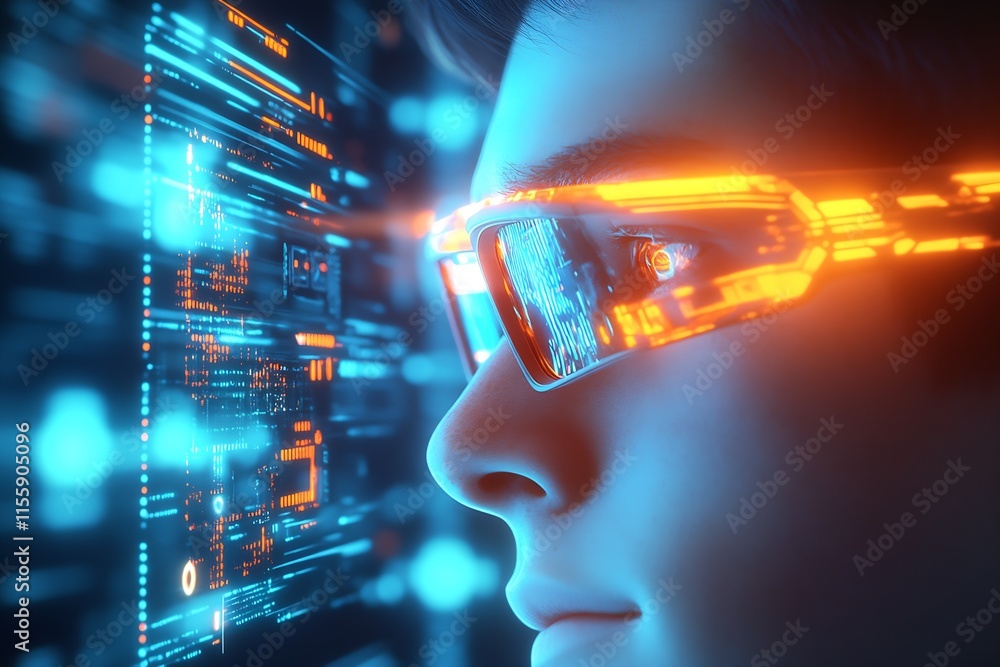 Poster Immersive experience with augmented reality glasses in futuristic digital environment : Generative AI