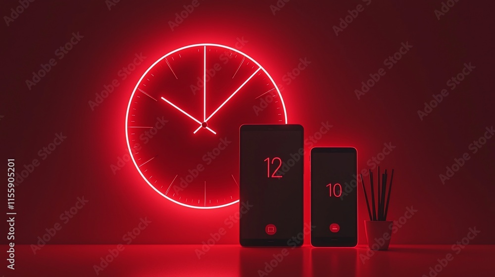 Poster Red neon clock with smartphones displaying time.