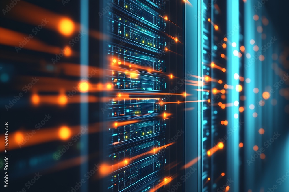 Poster Digital Data Flow in a High-Tech Server Network with Glowing Blue and Orange Lights : Generative AI