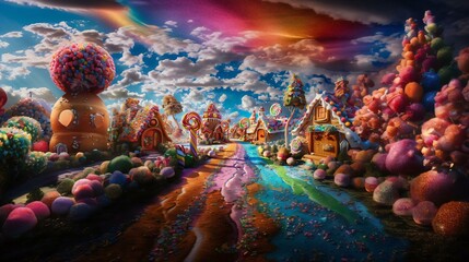 Whimsical candythemed village gingerbread houses candycovered trees invites exploration along winding path lined sweets under rainbowcolored sky