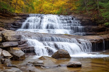 Fototapeta premium Water cascades down a rocky waterfall surrounded by colorful autumn foliage at a serene location