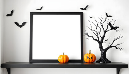 Mock up black frame with pumpkin and spooky tree decor on a shelf or desk. Halloween concept. Portrait frame against a white wall with bats, photo. isolated with white shades