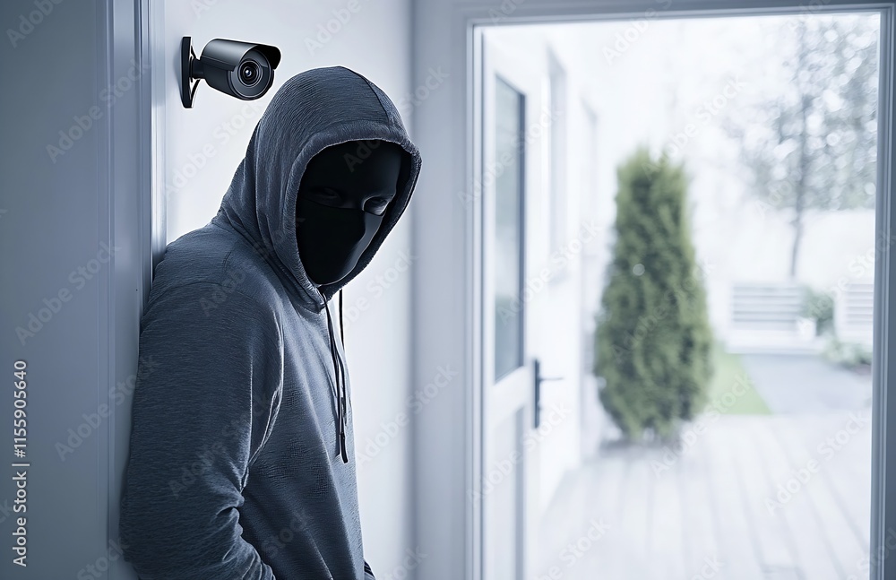 Poster security camera observes masked hooded individual in bright modern home for intruder detection scena