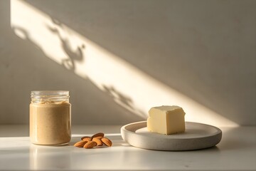 A minimalist kitchen with a jar of almond butter on one side, a plate of butter on the other side, and almonds beside, bathed in soft light, illustrating the concept of healthy living and eating healt