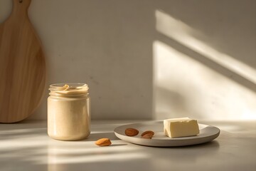 A minimalist kitchen with a jar of almond butter on one side, a plate of butter on the other side, and almonds beside, bathed in soft light, illustrating the concept of healthy living and eating healt