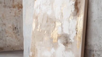 Abstract earthy textured canvas with gold accents leaning against wall
