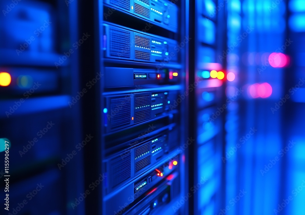 Poster Modern Data Center Hallway with Blue Server Lights Emphasizing Advanced Storage Solutions : Generative AI