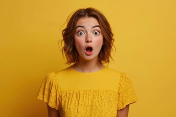 Surprised Young Woman with Short Brown Hair Against Yellow Background