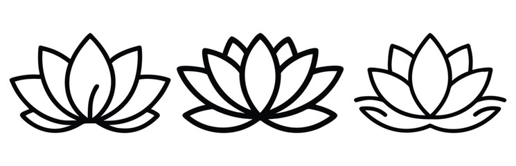 Minimalist Lotus Flower Outline Vector Trio, A vector set featuring three lotus flower designs in black outlines, showcasing clean and symmetrical petal arrangements in a minimalist style.
