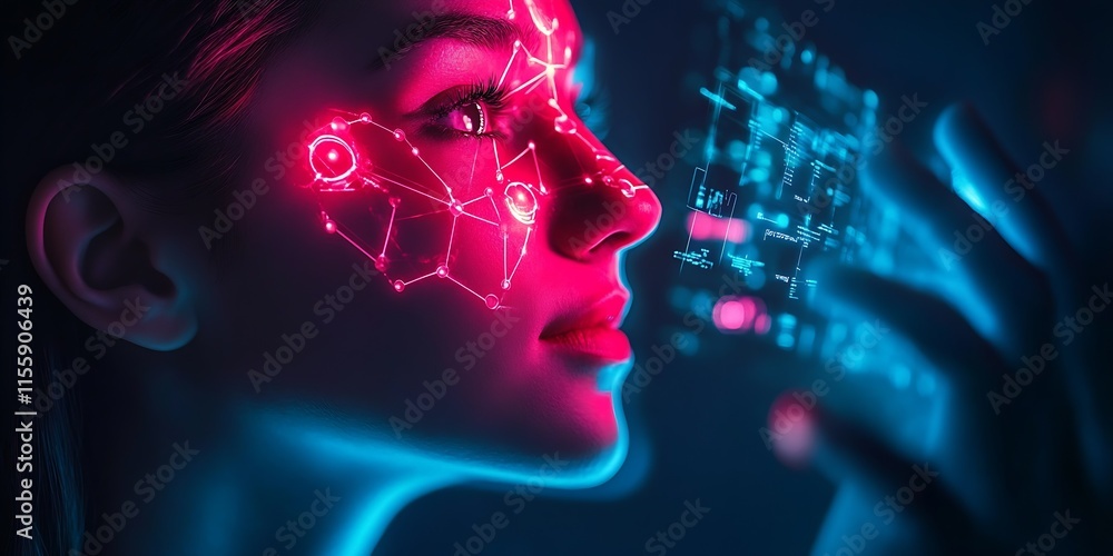Poster young woman analyzes virtual interface with digital grid face : generative ai