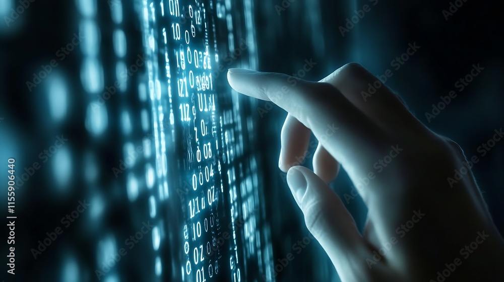 Fototapete hand touching digital data stream on virtual interface screen : generative ai
