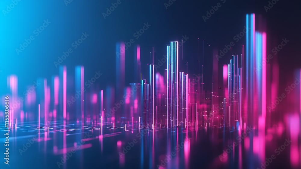 Poster vivid neon pink and blue data structures symmetric design reflects innovative digital technologies :