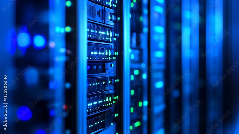 Fototapete modern data center with blue led lights and high-tech server racks in focus : generative ai