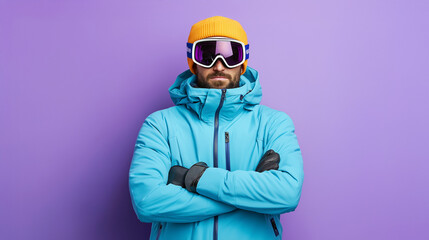 Skier mad frowning man wear warm blue windbreaker jacket ski goggles mask hold hands crossed folded spend extreme weekend winter season in mountains isolated on plain purple background. Hobby concept

