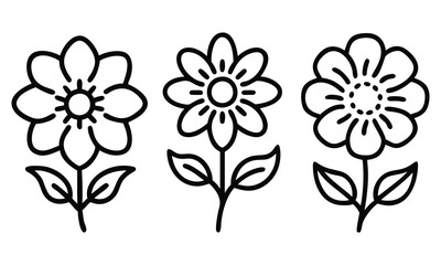 Minimalist Black Outline Floral Vector Trio, A simple vector set featuring three floral illustrations in black outlines, showcasing clean petal shapes, stems, and leaves in a minimalistic style.
