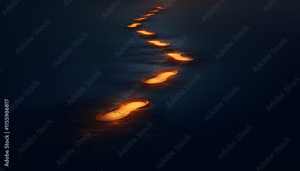 Aufkleber Striking Illumination of Footprints on a Dark Surface with a Mystical Glow Creating an Enigmatic Atmosphere of Solitude and Reflection in a Night Scene