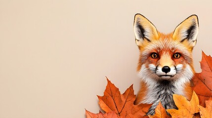 Obraz premium Colorful Fox Surrounded by Autumn Leaves on a Neutral Background