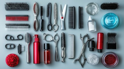 Flat lay of professional hairdressing tools on grey background.