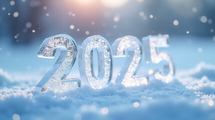 Ice sculpture of the year 2025 surrounded by snow in a winter landscape with sunlight