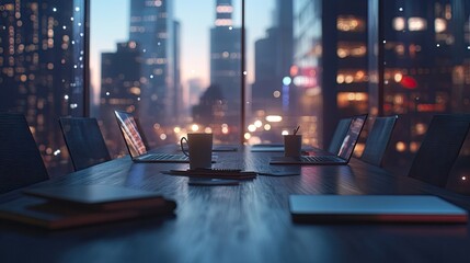 A modern conference table with neatly arranged laptops, notebooks, and coffee cups, with a blurred cityscape visible through glass windows.