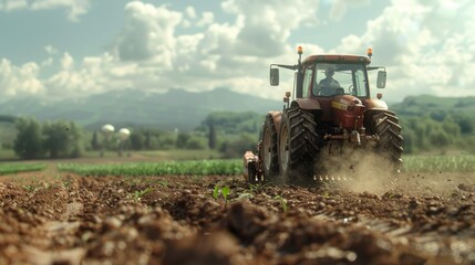 Fototapeta premium Tractor plowing a field in a rural landscape