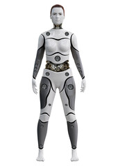 Advanced female humanoid cyborg with artificial intelligence isolated on white background. Front...
