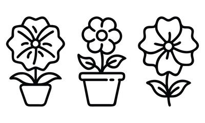 Minimalist Potted Flower Outline Icons, A set of three black-and-white flower icons featuring potted plants with clean and simple outline designs, perfect for modern projects.
