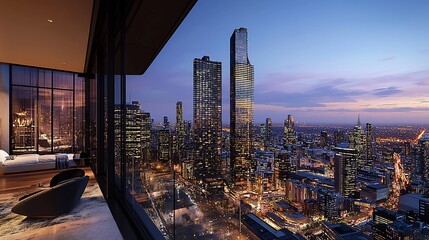 Luxurious apartment with breathtaking city skyline view at dusk.