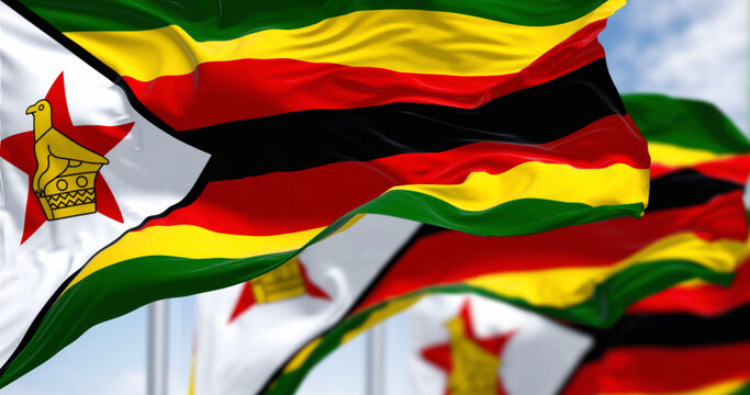 Close-up view of the Zimbabwe national flags waving in the wind