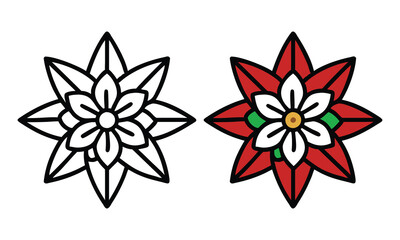 Colorful and Outline Poinsettia Flower Icons, A festive set of poinsettia flower icons, showcasing a vibrant red and green version with a yellow center and a black-and-white outline style.
