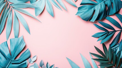 Teal tropical leaves frame on a pastel pink background.