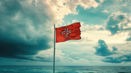 A panoramic view of the Bermuda flag against a cloudy sky.