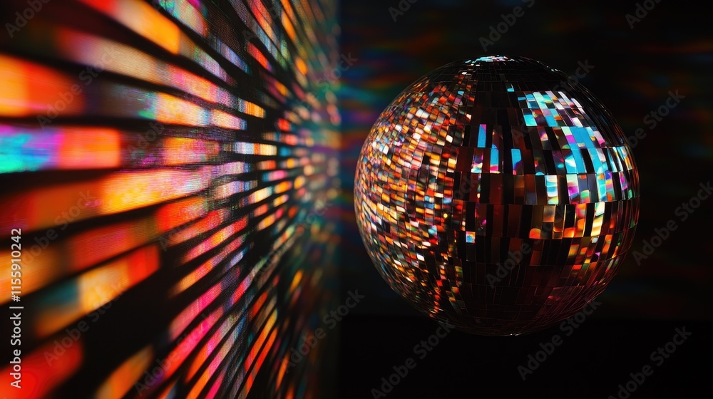Poster vivid hues and intricate patterns radiate from a reflective orb, creating a captivating display in a
