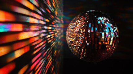 Obraz premium Vivid hues and intricate patterns radiate from a reflective orb, creating a captivating display in a dimly lit environment