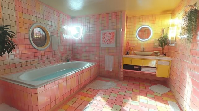 Sunny, retro-styled bathroom with a vibrant color scheme, featuring a bathtub, vanity, and patterned tiles. Sunlight streams in through a circular window.
