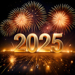 Happy New Year 2025 ! A Celebratory Message For The Upcoming Year, Featuring The Prominent Date "2025" in Stylized, Golden Text Against A Backdrop of Sparkling, Golden Fireworks.