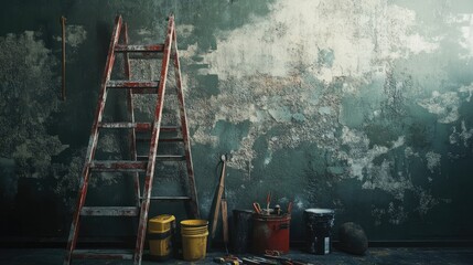 A photo of a ladder leaning against a wall, with various tools scattered below, conveying a sense of ongoing work and projects,