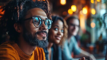 Obraz premium Friends enjoying a cozy evening at a cafe with warm lighting and engaging conversations