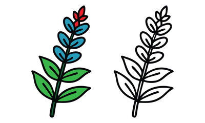 Colorful Wildflower Sprig Icons in Outline and Fill, Vector illustrations of a wildflower sprig with blue and red blossoms and green leaves, available in both colorful and outline styles.
