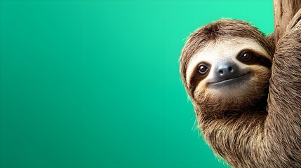 Fototapeta premium Smiling Sloth Hanging on Tree with Vibrant Green Background