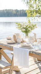 Picknick mit rustikaler Tischdekoration am See mit Blumen und Muscheln