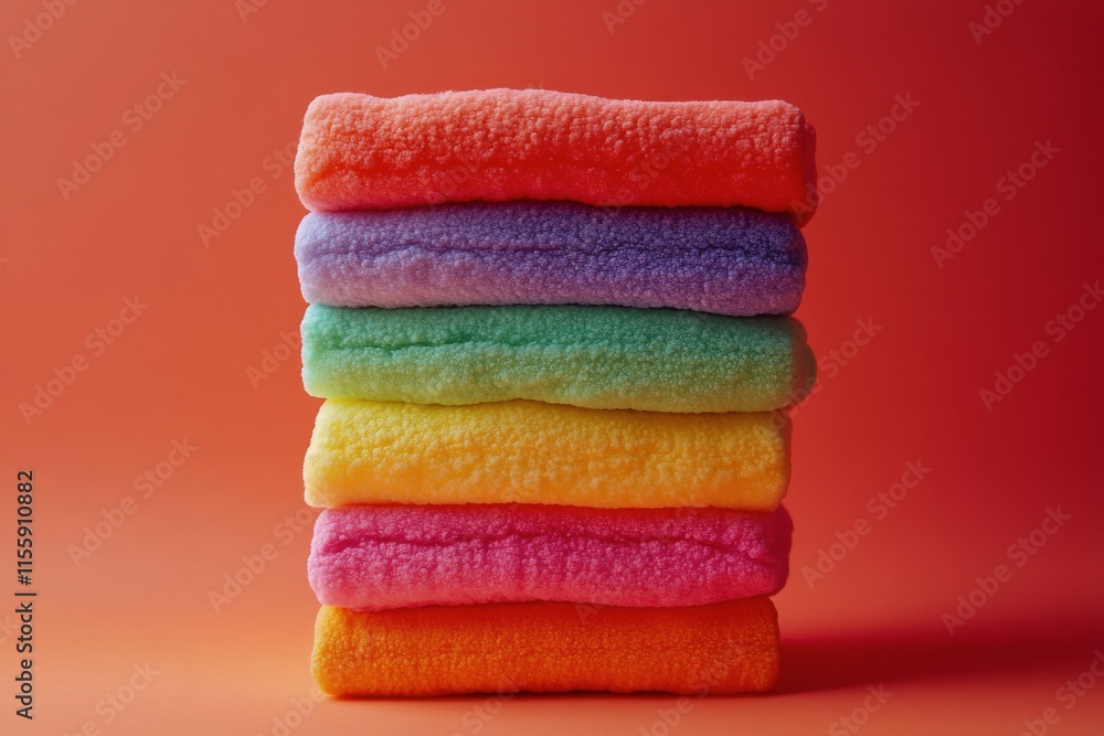 Poster colorful stacked sponges arranged in a gradient pattern on a soft pink background