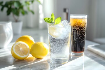 Fototapeta premium A marble countertop with a glass of infused water with lemon and mint on the left, fizzy soda on the right, glistening in soft light, illustrating the concept of healthy living and eating healthy food