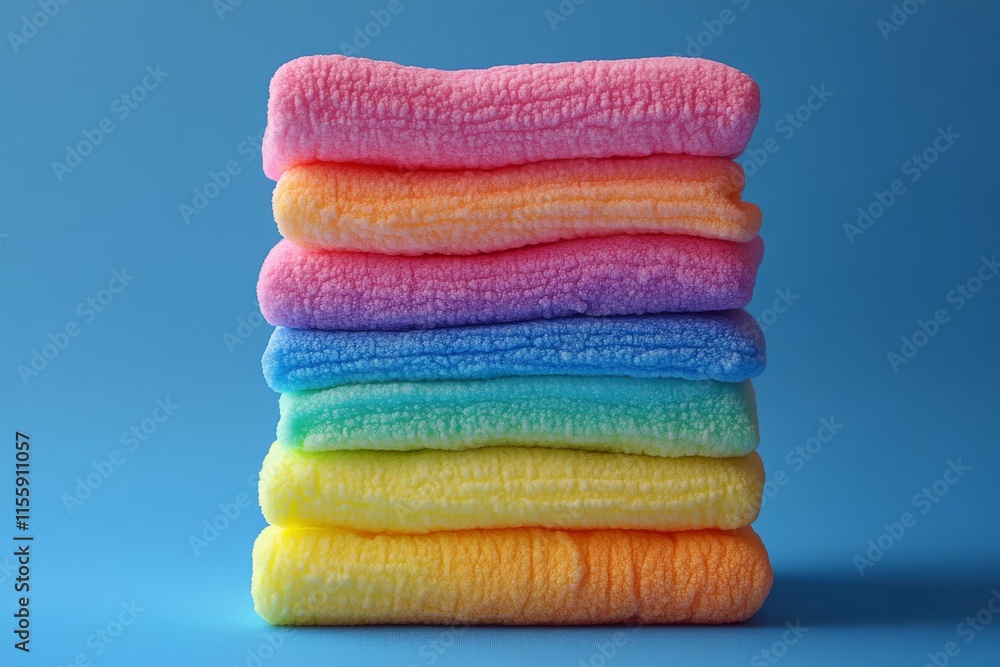 Poster colorful stacked sponges arranged in a gradient pattern on a soft pink background
