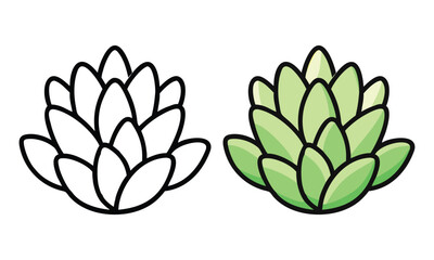 Succulent Plant Icons in Green and Outline, Vector illustrations of a minimalist succulent plant, shown in a vibrant green version and a clean black-and-white outline design.
