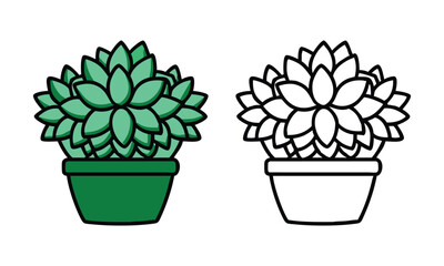 Fototapeta premium Potted Succulent Icons in Green and Outline, Vector illustrations of a potted succulent plant, shown in a vibrant green version and a black-and-white outline style for versatility. 