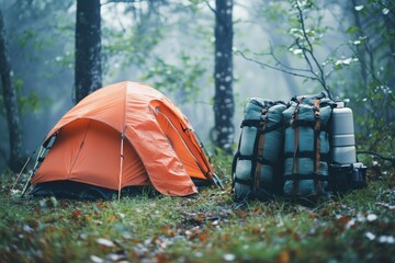 Bright orange tent set up in misty forest for a peaceful camping adventure