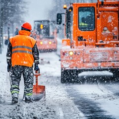 A worker in an orange vest shovels snow while snowplows clear the road in a winter scene.