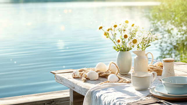 Picknick mit rustikaler Tischdekoration am See mit Blumen und Muscheln
